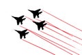 Aerobatic team with fighter aircrafts contrails. Vector silhouette